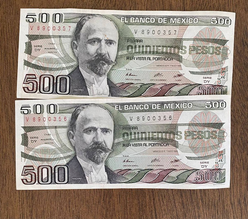 Billetes 500 Pesos Mexicanos 1984 Serie Dy - V8900356 Y 357