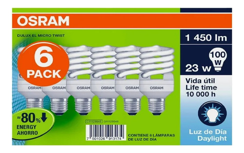 Foco Ahorrador Osram Dulux Micro Twist Luz De Día 23w 6pz Ms