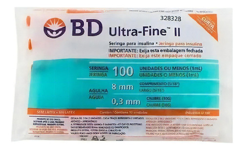 Seringa De Insulina Bd Ultrafine 100ui Agulha 8mmx0,3mm C/10 Capacidade em volume 1 mL