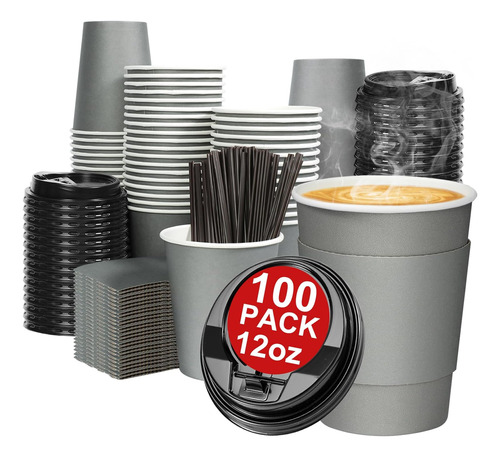 Huifany Paquete De 100 Tazas De Café Con Tapa De 12 Oz, Taza