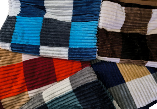 Frazada/manta Flannel A Cuadros Con Corderito Azul Rayas