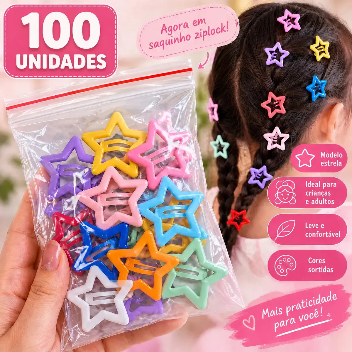 100Unid Presilhas Estrela Colorida Tic Tac Cores Sortidas Infantil Prendedores Cabelo Menina Grampos Estrelinhas Clip Xuxinha 100 Unidades