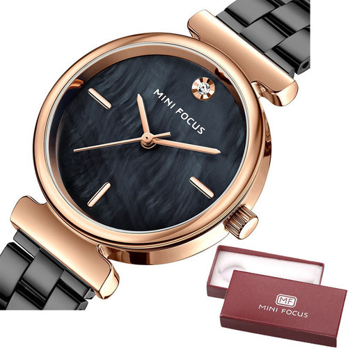 Mini Focus, elegante relógio de quartzo inoxidável para mulheres, cor da pulseira: preta