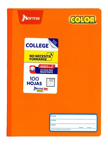 Cuaderno College 100h Norma Color 360 Cosido Cuadro Chico Pz