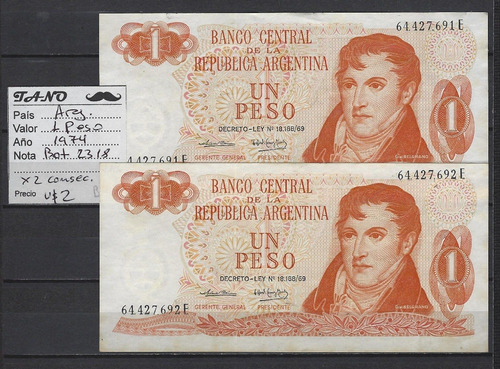 B107 Argentina Billete 1 Peso 1974 Bottero 2318 X2 Consec.