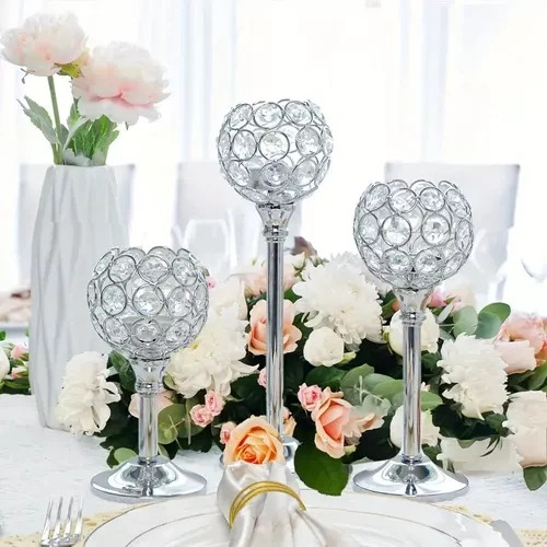 3pcs Candelabro Portavelas Cristal Adornos Boda Fiesta Plateado.