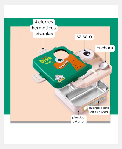 Vianda Lunchera Hermética Doble C/salsera Y Cuchara Dino Verde