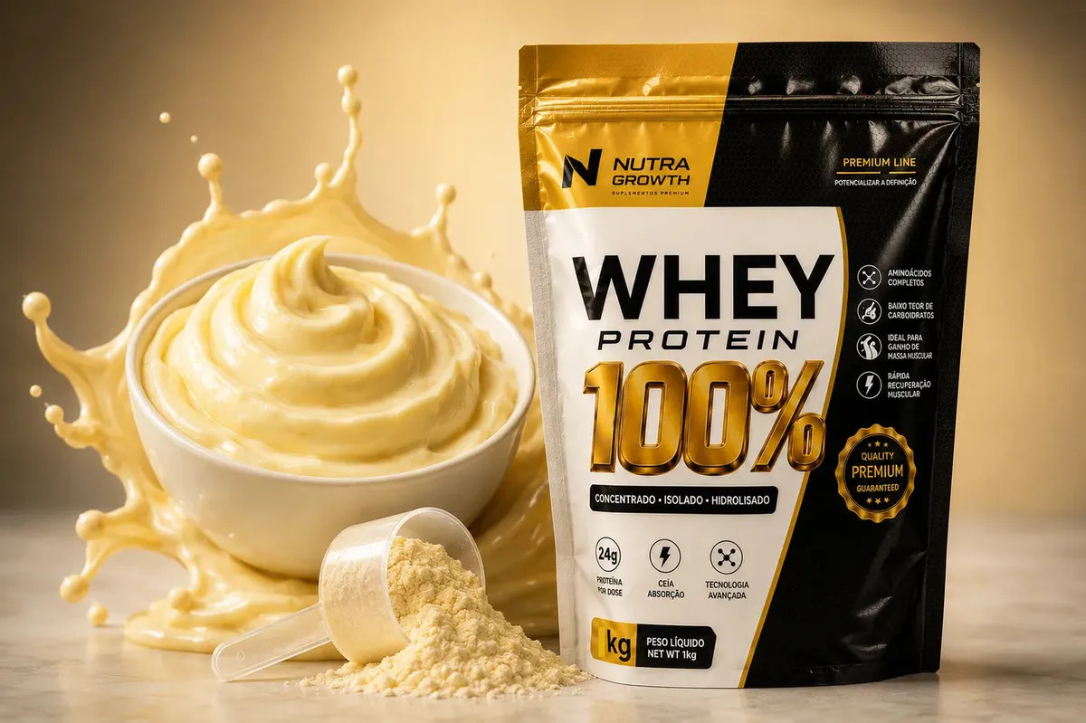 Whey 100% Nutra Growth 1kg - Concentrado forca e energia Sabor Leitinho