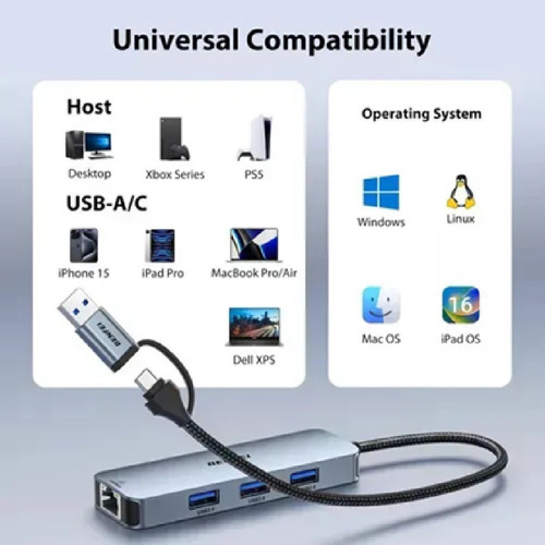 Adaptador Hub Usb 6 En 1 Usb-c Hdmi Rj45 Usb 3.0 Usb-c Pd Gris