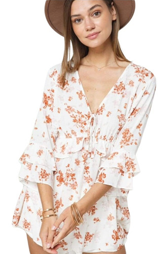 Blusa Larga Blanca Con Flores Naranja