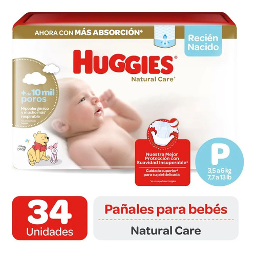 Pañales Huggies Natural Care Unisex 34 Unidades Talla P