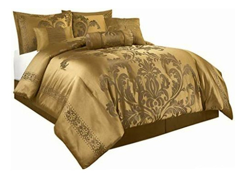 Chezmoi Collection Juego De Edredón Floral Jacquard De 7 Color Dorado