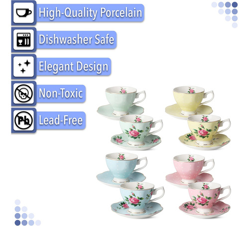 Btat- Tazas De Té Floral Y Platillos, Juego De 8 (8 Oz), Mul