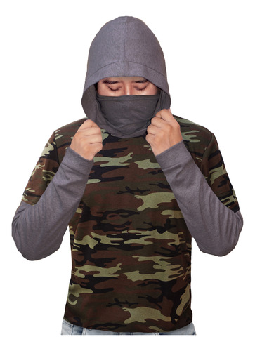 Playera Manga Larga Con Gorro Camuflaje De Hombre, Manga LG