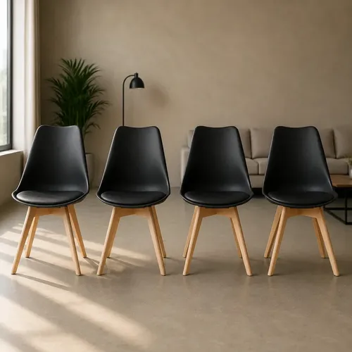 Silla Comedor Nórdica Tulip Negra Pack X4 Asiento Acolchado Ecocuero