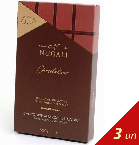 Chocolate Amargo Nugali 60% Cacau 3 Barras De 500g Vegano