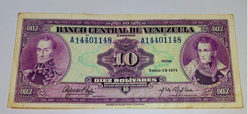 Billete De Venezuela 10 Bolivares 1974-simon Bolivar V.f.+