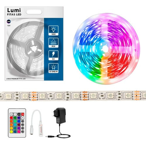 Luminario De Fita Led 5050 5m 12v Ip20 Alto De Brilho Rrg Colorido Com Fonte Alimentaçao