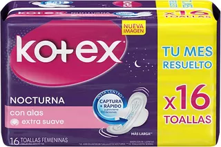 Toallitas femeninas Kotex Nocturna con alas 16 u