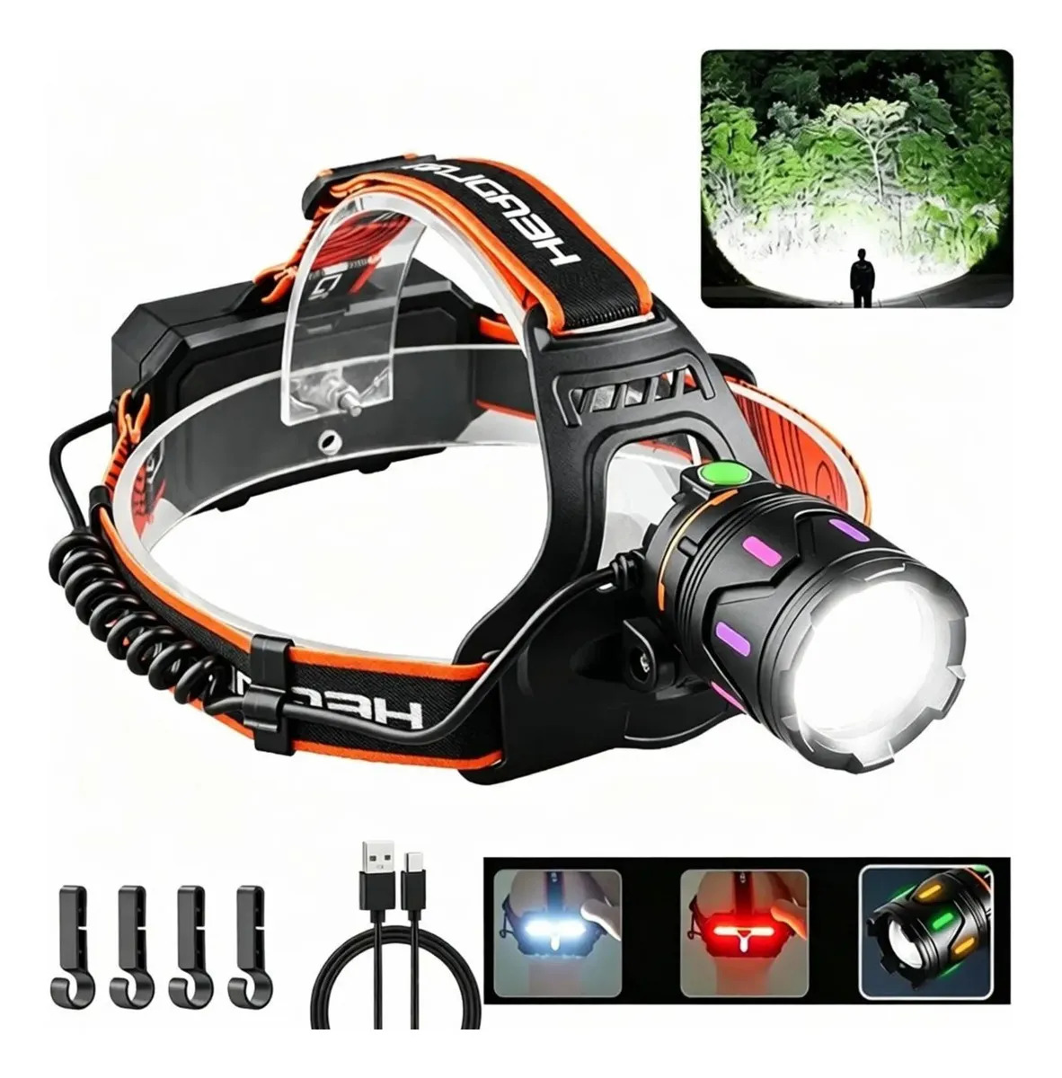 ANBOLM Lampara De Cabeza Rechargable Minera Con Luz Trasera 6 Modos,Con Zoom, Resistente Al Agua Ipx6, Potente Linterna Frontal De Casco Para Correr, Acampar, Exteriores,10H Duraci