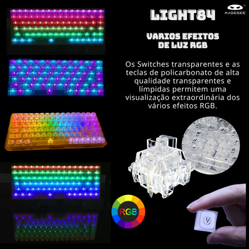 Teclado Mecânico Gamer Transparente Magegee Light84 Sem Fio 3 modos Wireless 2,4G Bluetooth e com fio Rgb Translucido Gasket switches pré lubrificados
