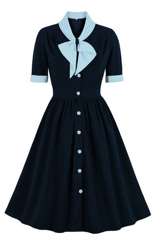 Manga Retro Inclinarse Corta Negro Botones Vestido Grande