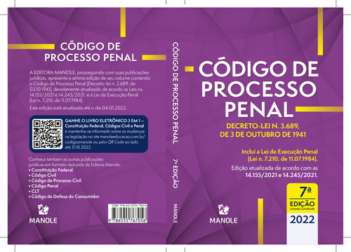Código De Processo Penal - 07ed/22 - Decreto-lei N. 3.689,, De Editora Manole. Editora Manole Em Português