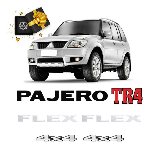 Kit Emblemas Pajero Tr4 Flex 4x4 Prata Adesivos Resinados