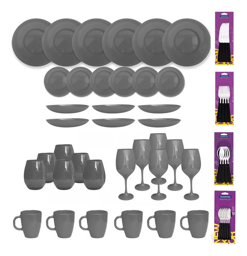 Juego Vajilla 60 Piezas Plato Vaso Copa Cubierto Color Pleno Gris Liso