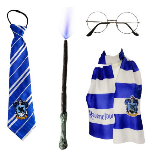 Disfraz Capa Harry Halloween Cosplay Ravenclaw Potter Niños Con Capucha + Kit Corbata Lentes Varita De Luz Bufanda