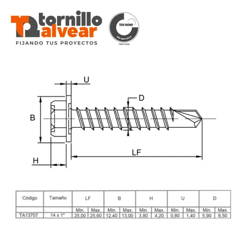 Tornillo Autoperforante Hexagonal 14x1 Mecha X2700u Techo
