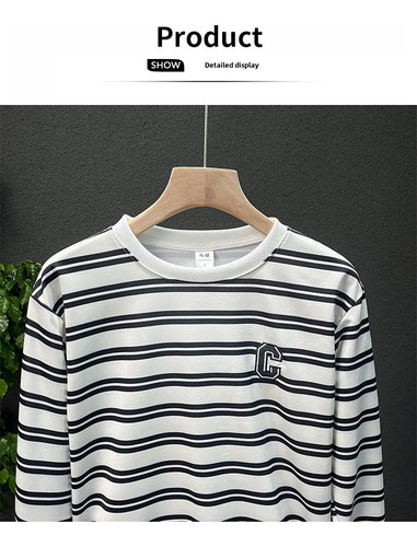 Camiseta Casual Con Jersey Bordado A Rayas Para Hombre
