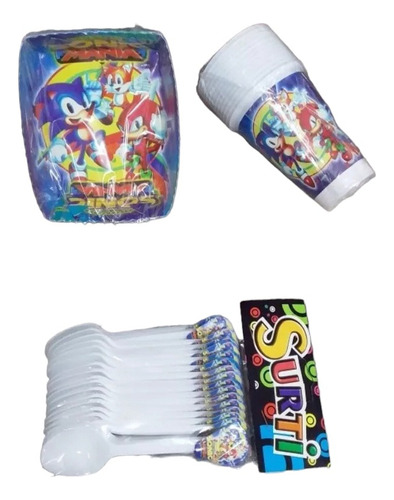 Set ×3 Sonic Fiesta Platos Cucharas Y Vasos Para 12 Personas