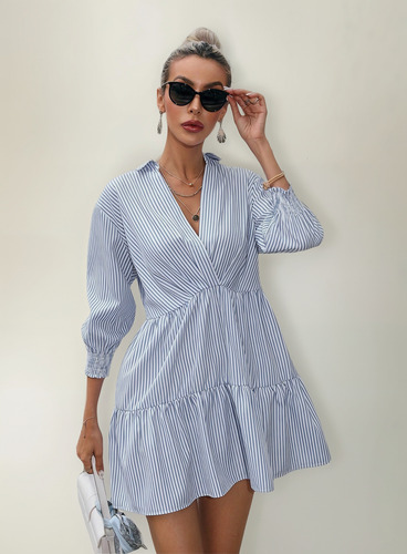 Vestido Smock Con Estampado De Rayas Bajo Con Fruncido