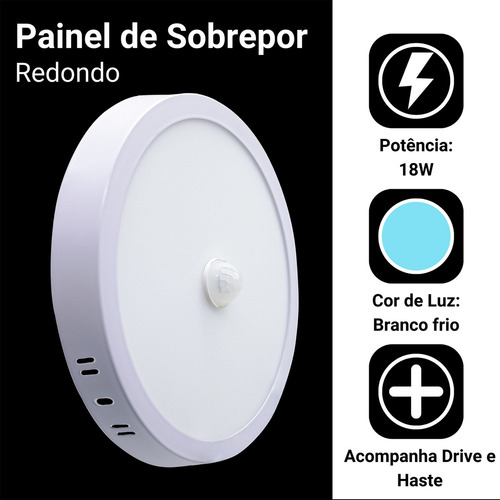 Kit 5 Painel Plafon Sobrepor 18w C/ Sensor Led Redondo Frio
