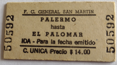 Boleto Ferrocarril Sarmiento Estación Palermo A El Palomar 
