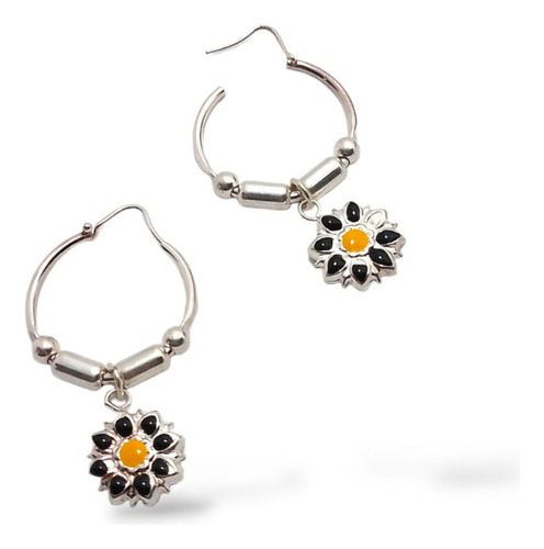 Aros Argolla De Plata 925 Con Dije Girasol Colgante Mujer