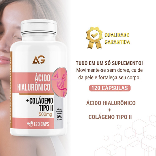2x Colágeno Tipo 2 C/ Ácido Hialurônico 500mg Cápsulas Auge Sabor Neutro
