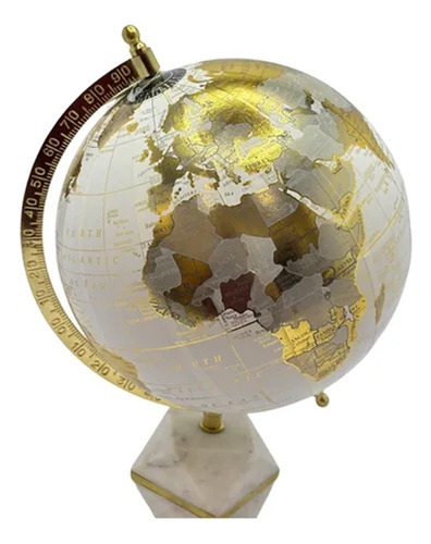 Globo Terrestre Decorativo Em Metal E Mámore 33cm 15574-pl Base Mármore Globo Dourado
