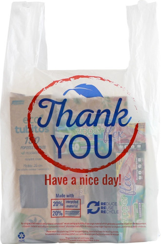 Polpusa Bolsa Tipo Camiseta Reciclada Ad. Cal 50 (impresa Thank You) Blanco 12 +7 X 23 (caja Con 5 Paq De 100 Bolsas)