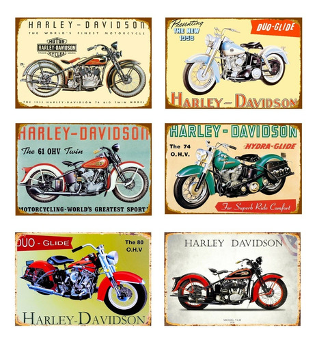 Carteles Metalicos Pack 6 Placas Motos Harley Retro20x30 Cms