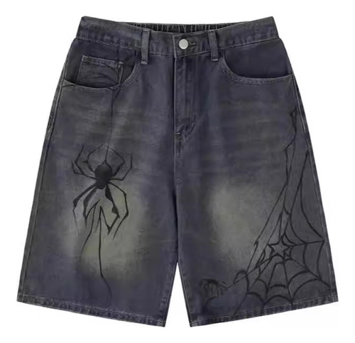Spider Print Wash White Retro Denim Shorts