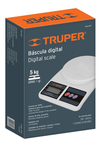 Báscula Digital Base Plástica Para Cocina 5kg Truper 15161