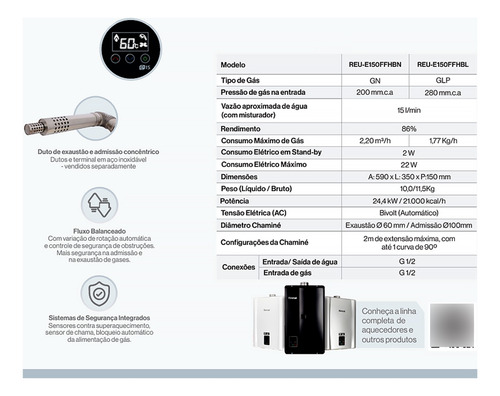 Aquecedor De Água Rinnai Digital E150ffh Para Glp 110/220v