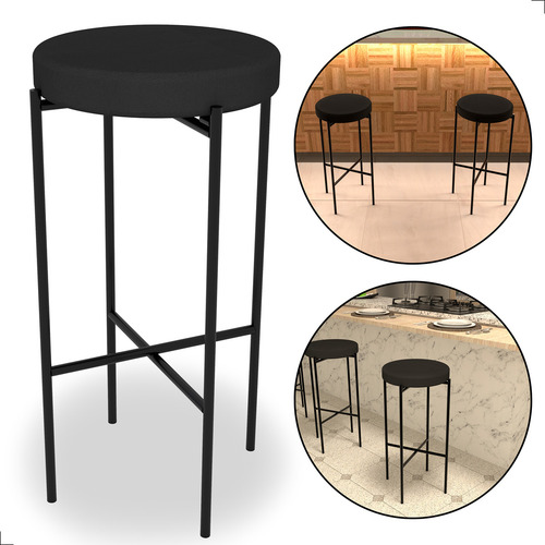 Banqueta Alta Redonda Balcão Cozinha Bar Bistro Kit Com 2 Acabamento Da Estrutura Aço Cor Preto