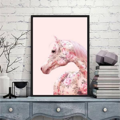 Quadro Decorativo Cavalo Rosa Com Flores 45x34cm