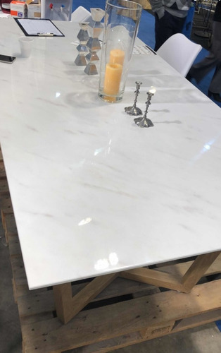 Mesa Arpeggio Vidrio Diseño Carrara Simil Marmol 200x100