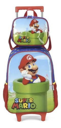 Kit Mochila Rodinha Lancheira Super Mario Bros Cano Vermelho
