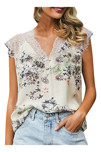 Camiseta De Mujer Con Estampado De Flores De Encaje, Cuello