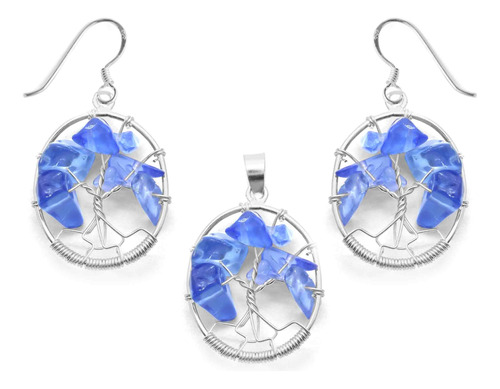 Conjunto De Plata 925 Arbol De La Vida Con Cuarzo Azul